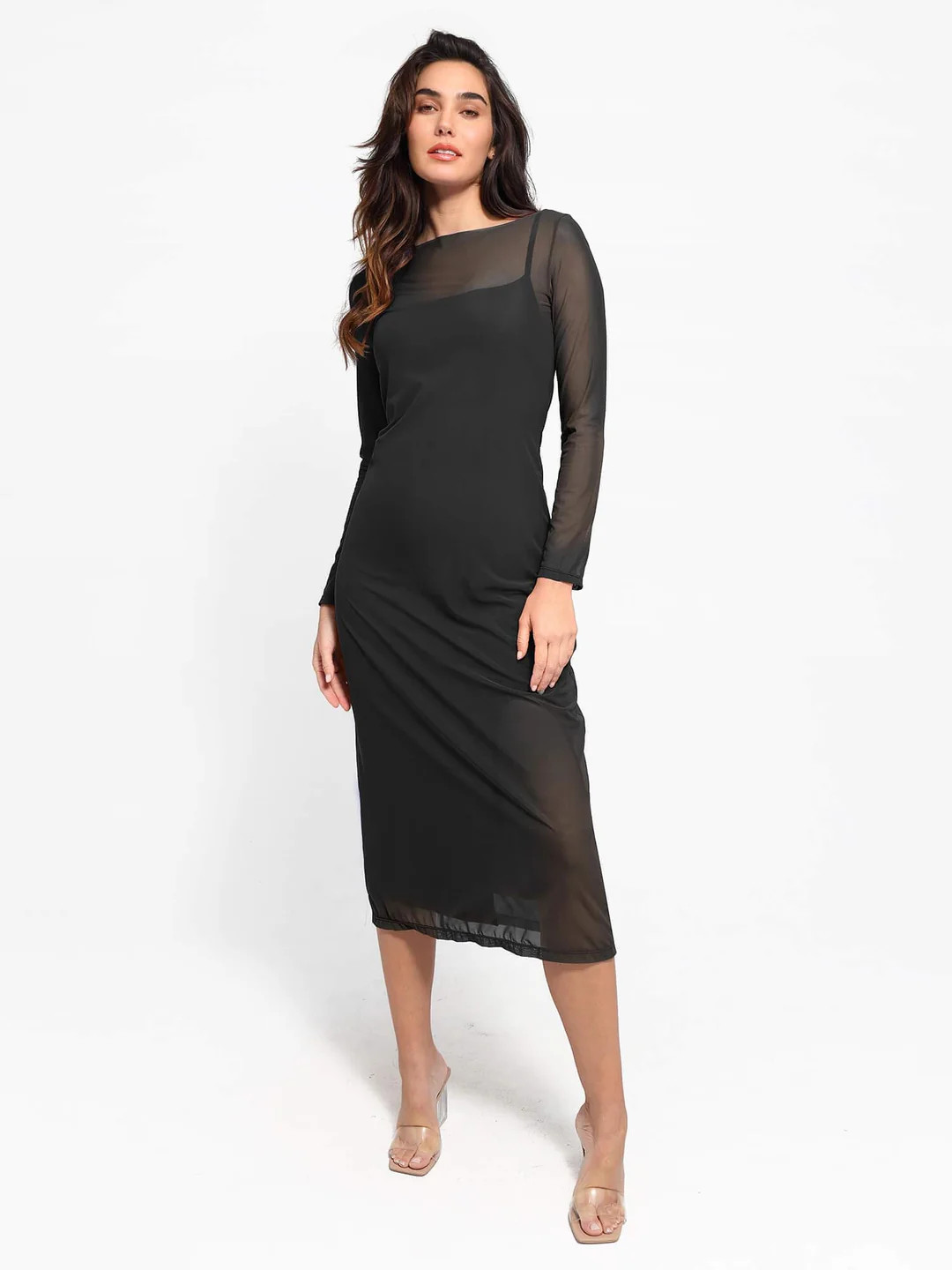 Shapewear Slimming Midi Dress and Sheer Mesh Overlay Set | Popilush