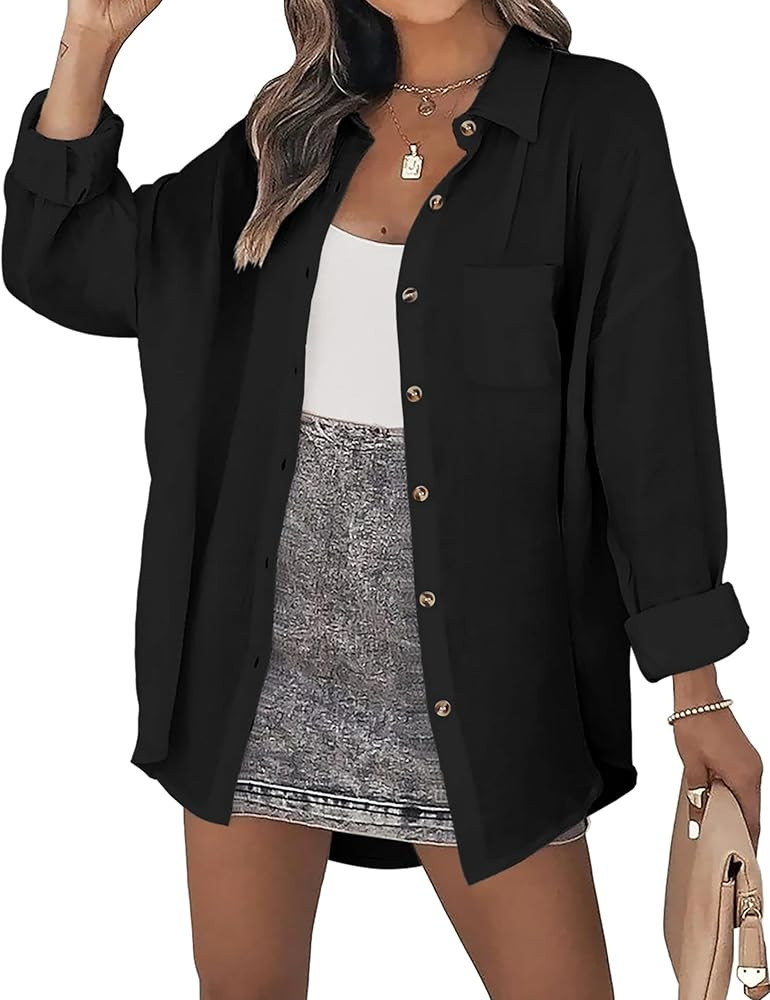 Zeagoo Womens Color Block Button Down Shirts Long Sleeve Linen Shirt Oversized Cotton Blouses Top... | Amazon (US)