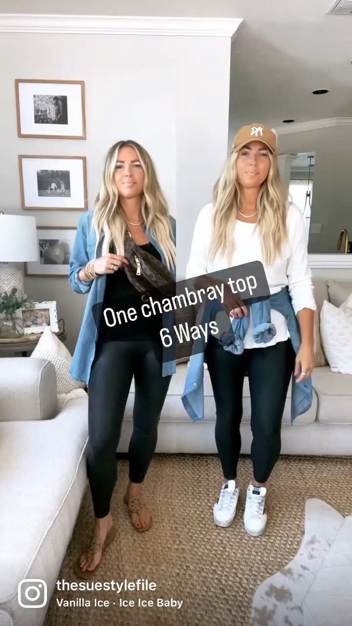 Sized up to a large in the chambray top. 
Tunic fits TTS, but I still sized up ot a large for a more oversized fit. Spanx dupe leggings fits TTS l, wearing M. Workwear pants fits TTS, wearing medium long 

#LTKsalealert #LTKworkwear #LTKunder50