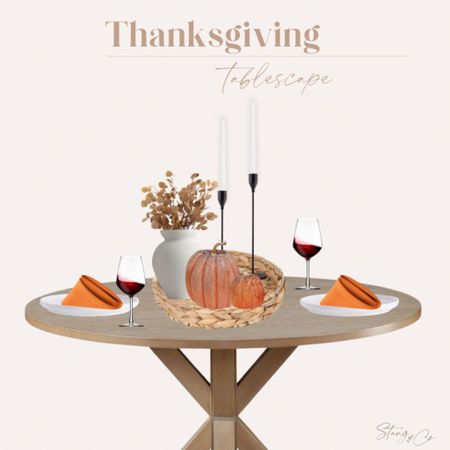 This Thanksgiving tablescape is perfect for a smaller table. It includes a tray centerpiece with a vase, Fall stems, tapered candlesticks, decorative pumpkins, orange cloth napkins. 

Fall decor, fall table, thanksgiving table, fall style 

#LTKSeasonal #LTKhome #LTKstyletip