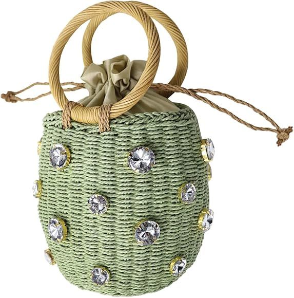 NIBD Flower Pearls Rattan Tote Bag Summer Beach Drawstring Straw Bucket Bag Diamonds Woven Handba... | Amazon (US)