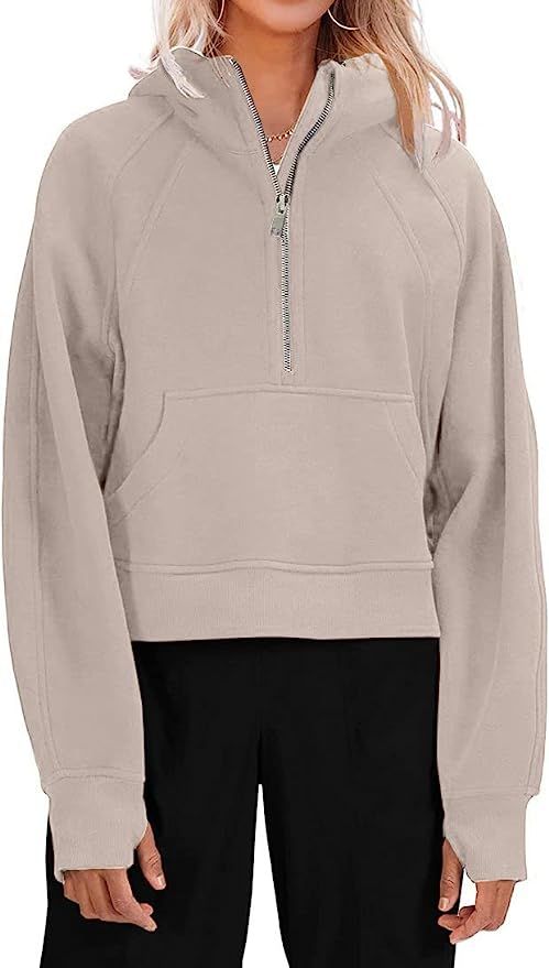 Womens Hooded Pullover Sweatshirts Half Zipper Crop Hoodie Fleece Lined Collar Zip Up Hoodies Cro... | Amazon (US)