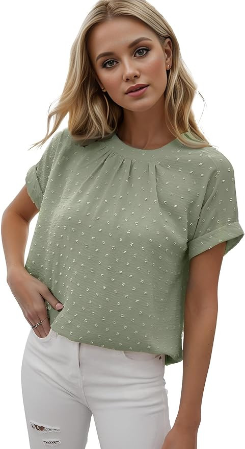 Women's Swiss Dots Petal Short Sleeve Blouse Business Casual Tops Shirts Crew Neck Work Blouse Sh... | Amazon (US)