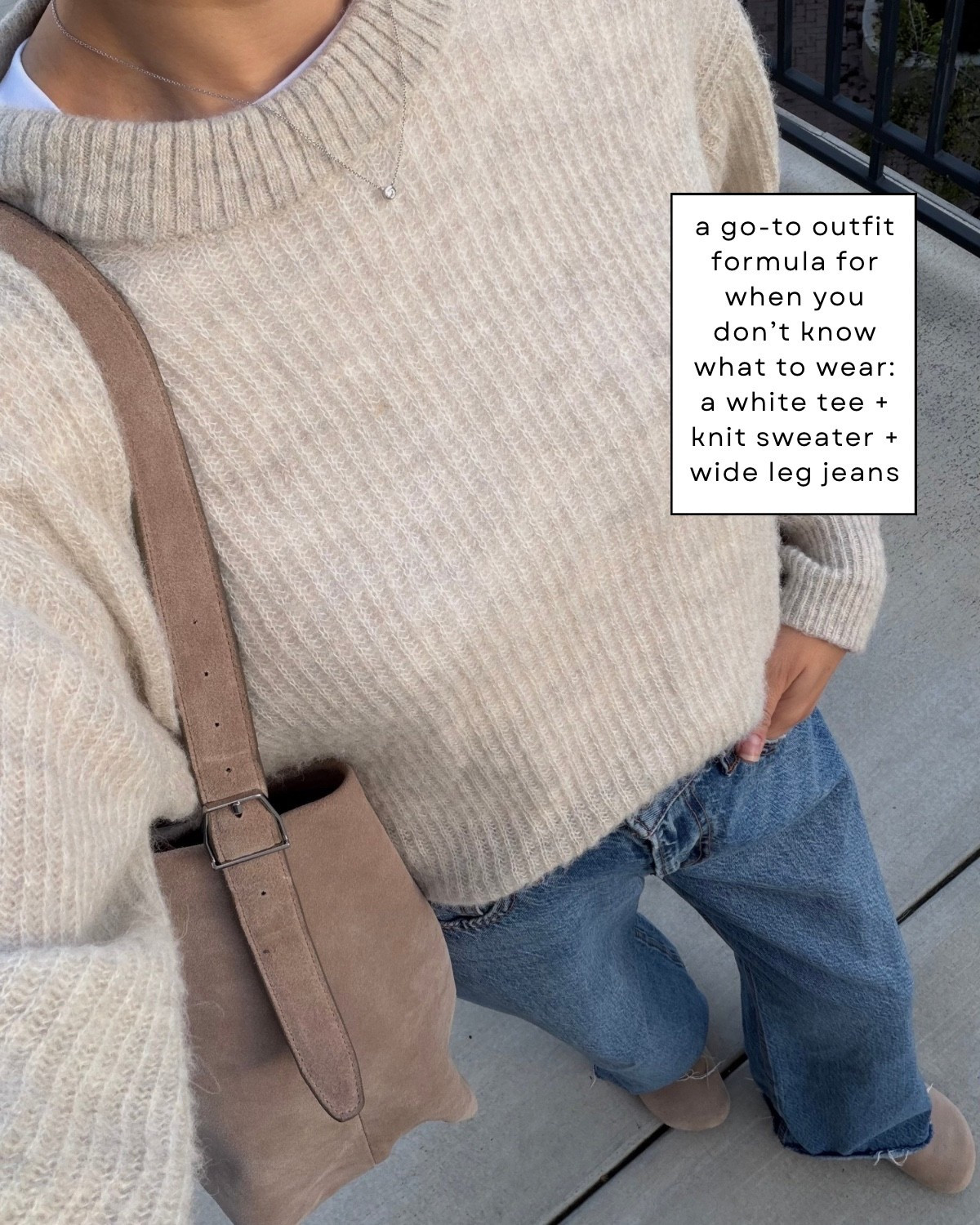 Neutral spring outfit 

Everlane alpaca sweater — xs 
Tee 
Abercrombie wide leg jeans
Quince clog mules 
Mango suede tote — old, linked to a similar style 

#LTKootd