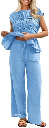 Tankaneo Womens 2 Piece Sets Summer Linen Babydoll Peplum Pleated Tank Top Pants Set Cotton Trave... | Amazon (US)