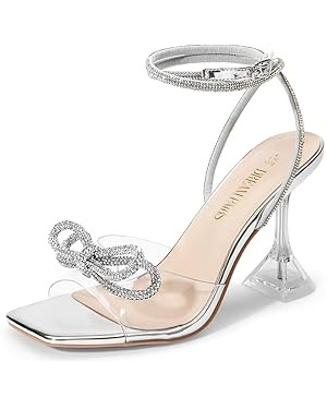DREAM PAIRS Stiletto Bow Heels for Women Strappy Sparkly Rhinestone Square Toe Clear Crystal High... | Amazon (US)