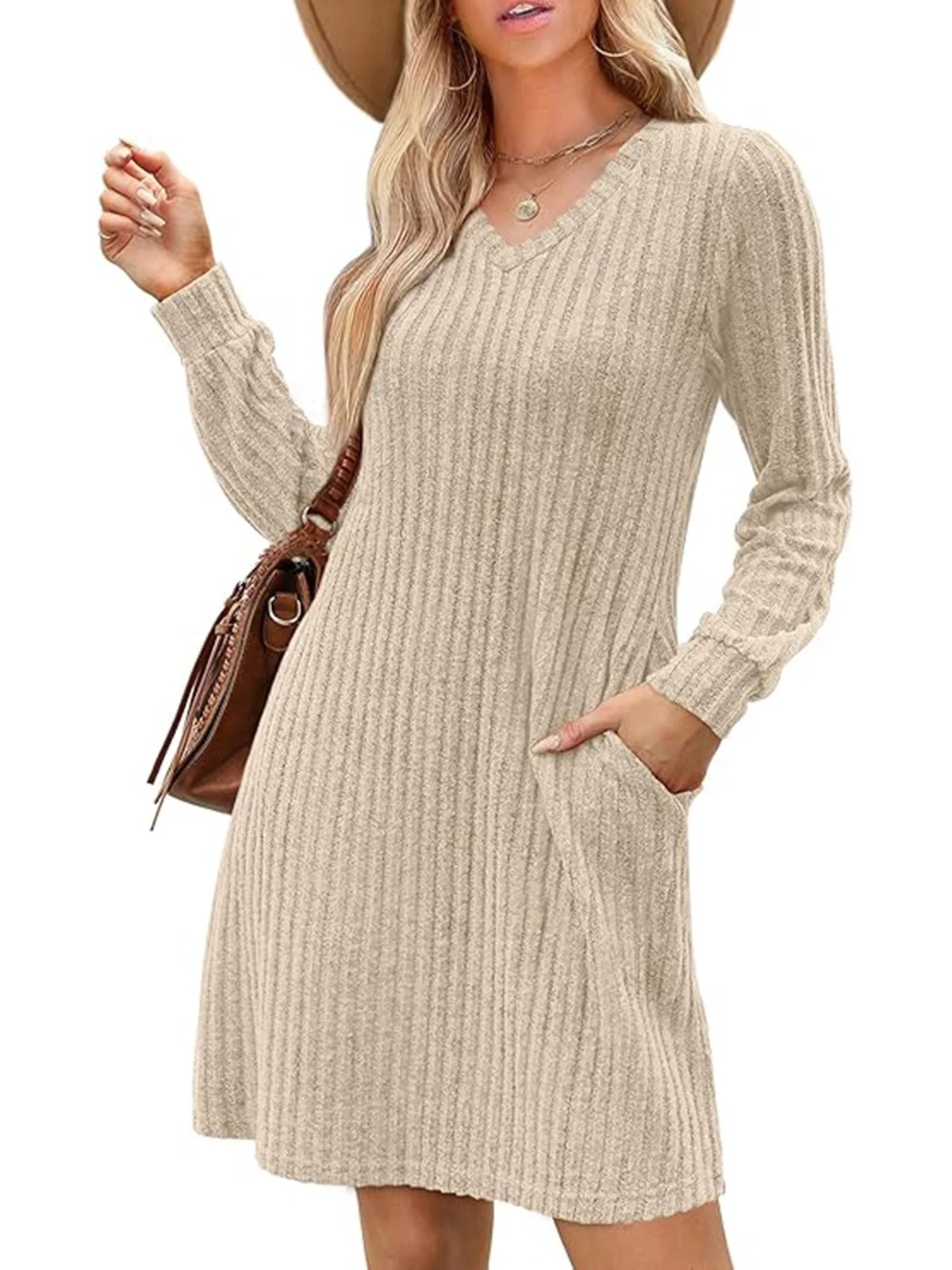 SIEANE Womens Long Sleeve Sweater Dresses V Neck Casual Fall Dresses With Pockets S-XXL | Walmart (US)
