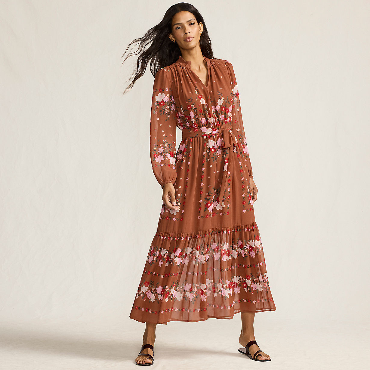 Women's Chiffon Tiered Long Sleeve Maxi Dress | Lands' End (US)