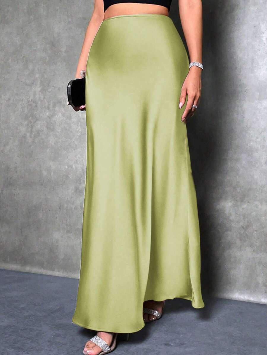 SHEIN PETITE Elegant Versatile Black Satin Skirt For Women, Girly Style Maxi Women Outfit, Women'... | SHEIN