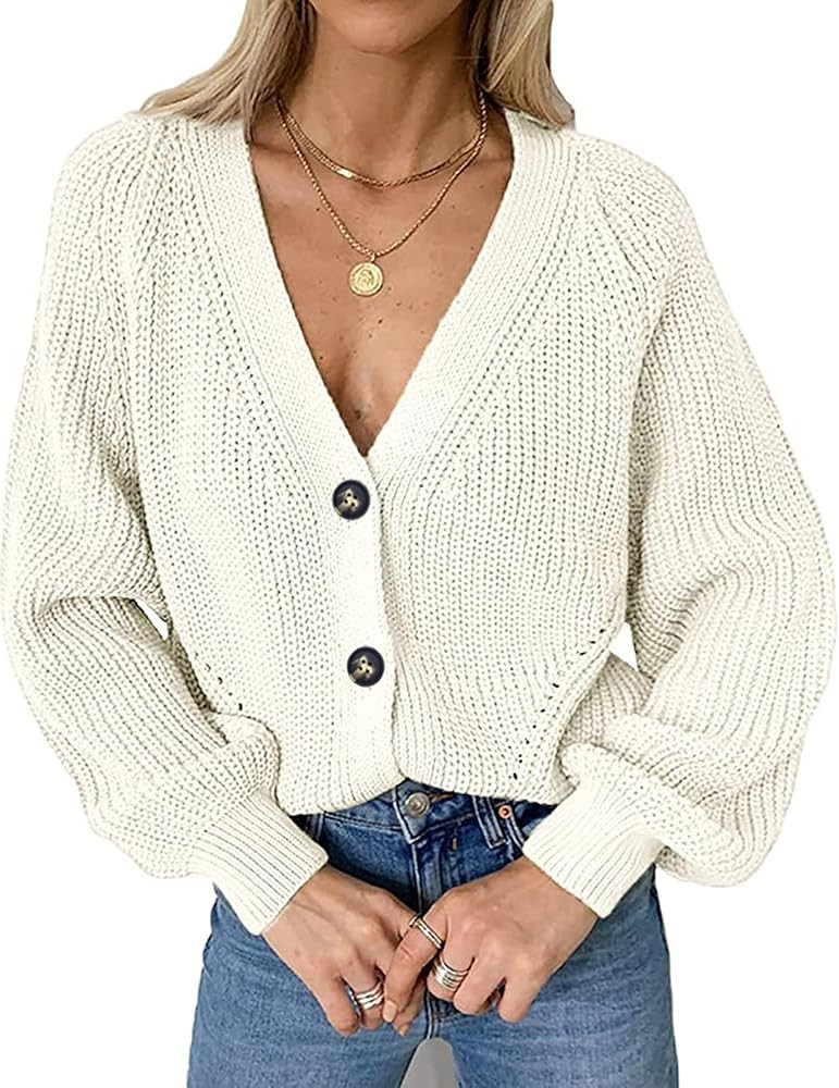 Chigant Women Button Down Cardigans Long Sleeve Cable Knit Sweater V-Neck Open Front Outwear Coat Wi | Amazon (US)