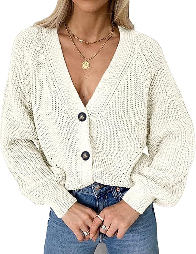 Chigant Women Button Down Cardigans Long Sleeve Cable Knit Sweater V-Neck Open Front Outwear Coat Wi | Amazon (US)