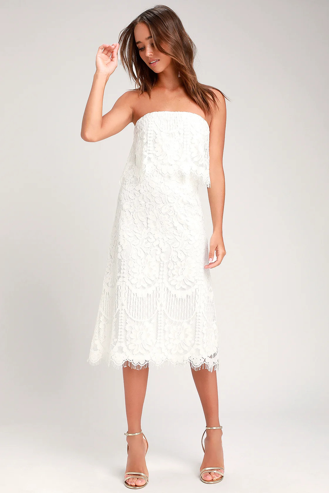 Delia White Lace Strapless Midi Dress | Lulus (US)