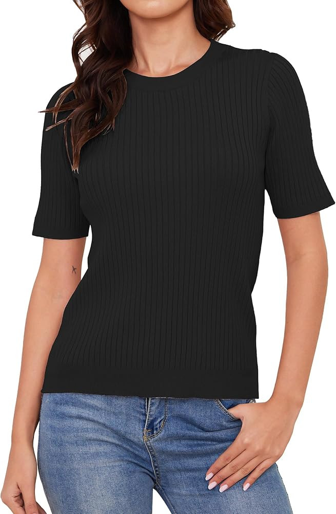 Short Sleeve Sweaters for Women Lightweight Ribbed Sweater Tops Crewneck Knit Tops | Amazon (US)