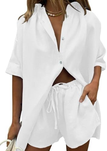 Fixmatti Women 2 Piece Outfits Long Sleeve Button Down Blouse and Shorts Sweatsuit Sets | Amazon (US)