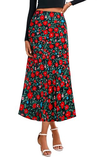 BTFBM Satin Skirts for Women 2025 Fall High Waisted A-Line Leopard Print Cocktail Wedding Long Silk Summer Midi Skirt(Floral Black Red, Medium) | Amazon (US)