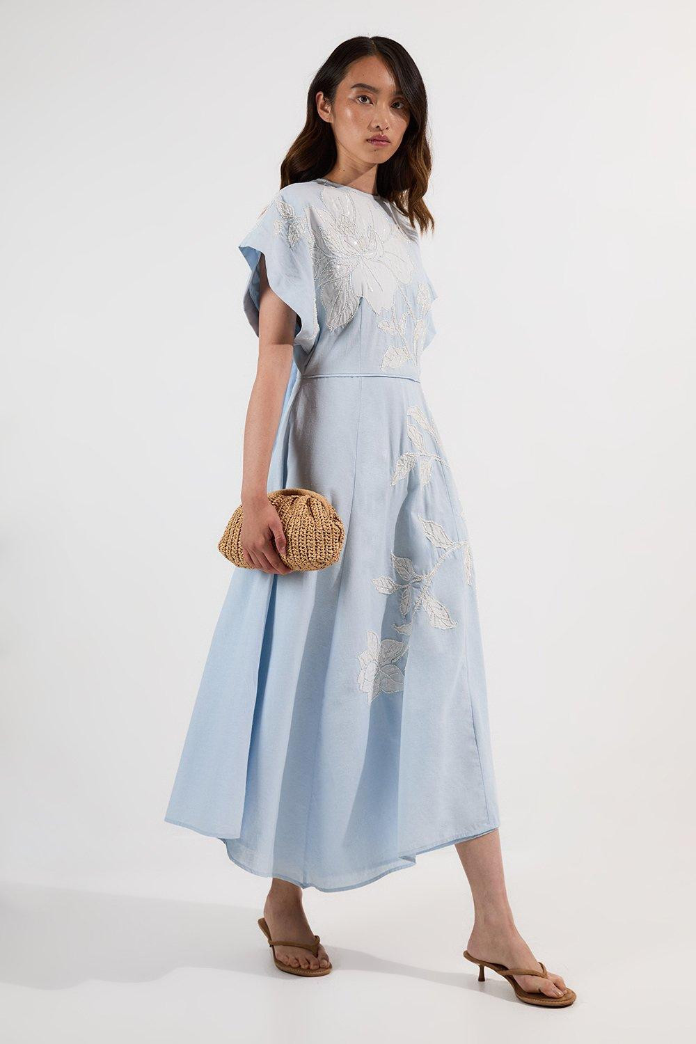 Applique And Beaded Linen Woven Midi Dress With Tie Back Detail | Karen Millen US