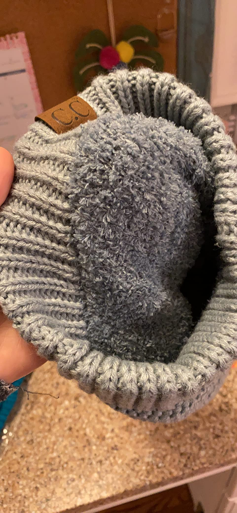 C.C Trendy Fuzzy Fleece Lined Warm Comfortable Soft Stretch Cable Knit Ribbed Faux Fur Pom Pom Be... | Amazon (US)