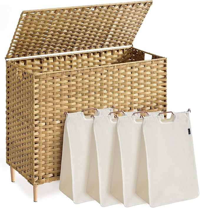 SONGMICS 4-Section Laundry Hamper with Lid, 55.4 Gal (210L) PE Rattan Laundry Basket with Removab... | Amazon (US)
