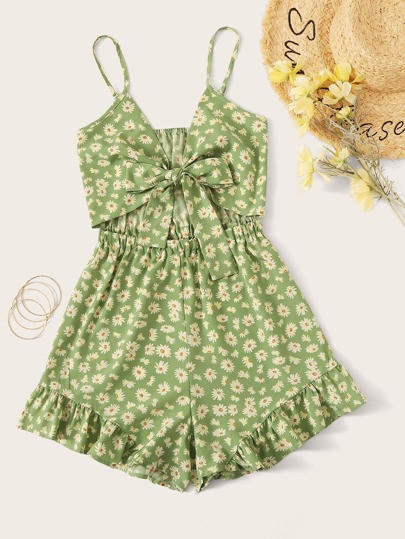 Plus Tie Front Daisy Floral Ruffle Hem Cami Romper | SHEIN