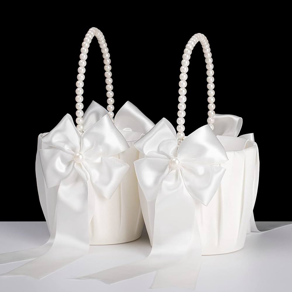 Flower Girl Baskets for Wedding,Ivory Flower Girl Basket With Pearl Handle set of 2,Wedding Baske... | Amazon (US)