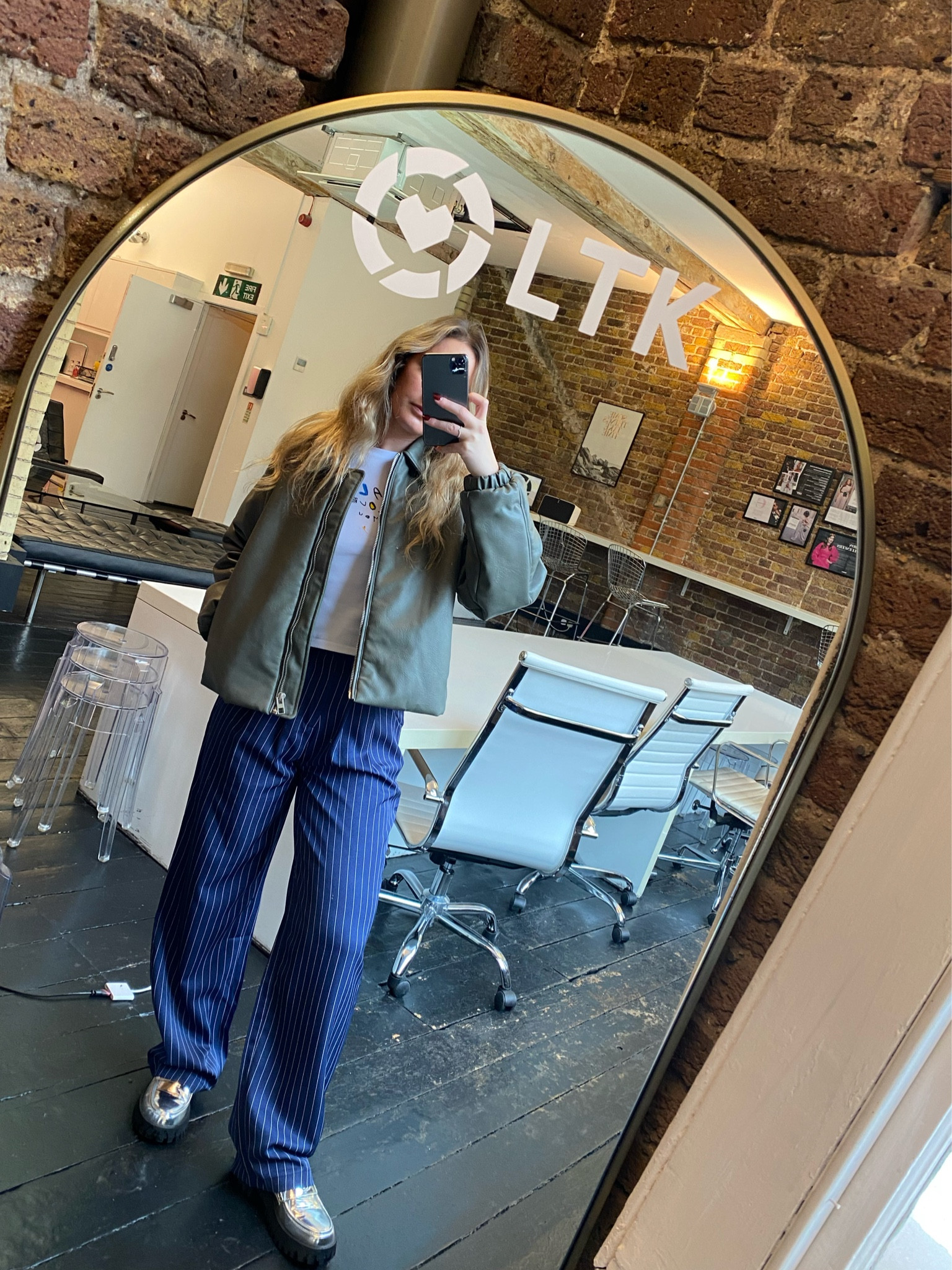 Casual office outfit, laidback look, spring fit, spring jacket, London fashion, uk style, ladies day, spring capsule, metallic loafers, blue striped trousers, realisation par baby tee, baby t shirt, bomber jacket, y2k 

#LTKworkwear #LTKstyletip #LTKeurope