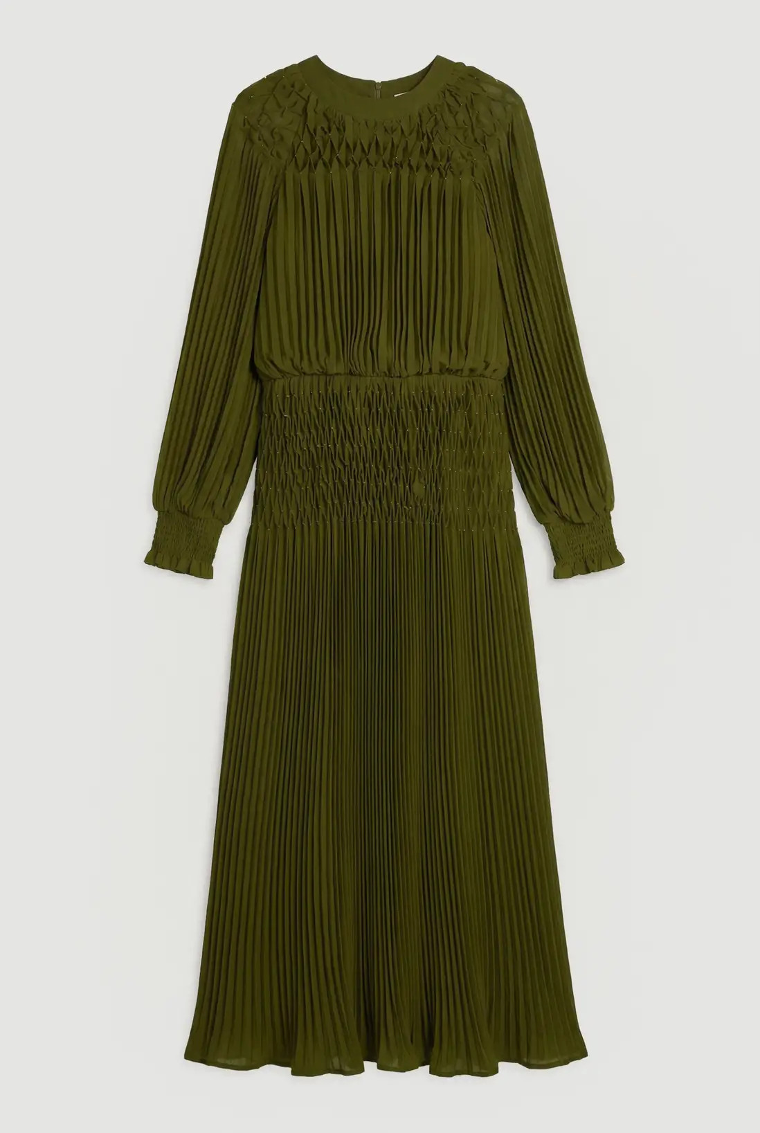 Olive Pleated Bead Detail Balloon Sleeve Maxi Dress | Karen Millen | Karen Millen