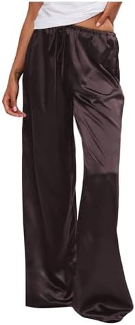 MakeMeChic Women's Satin Silk Wide Leg Pants Low Waist Baggy Pants Lounge Bottoms | Amazon (US)