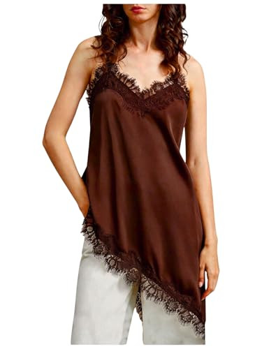 SOLY HUX Asymmetrical Satin Camisole Tops for Women Lace Sleeveless Silk Blouses Dressy Cami Tops... | Amazon (US)