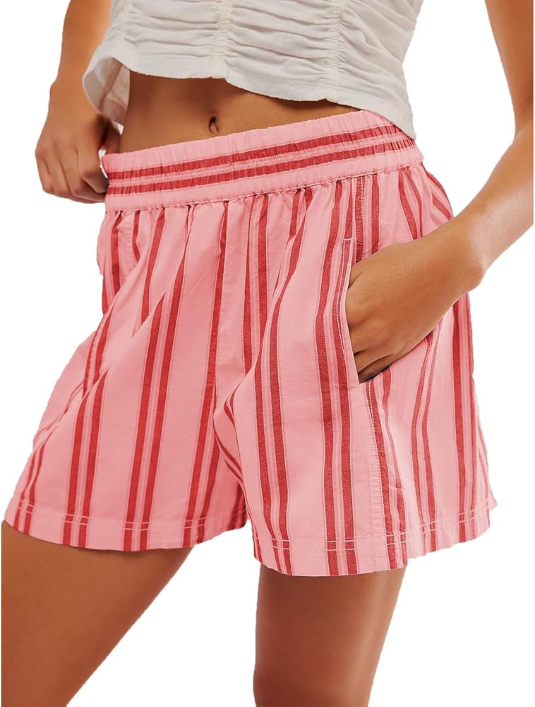 Y2k Striped Boxer Shorts Women High Waist Elastic Lounge Baggy Green White Pajama Sleep | Amazon (US)