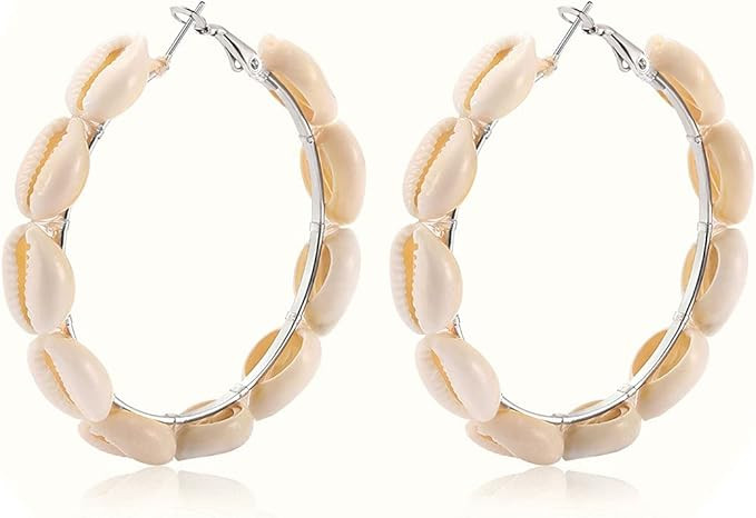 Hoop Earrings For Women Natural Cowrie Shell Beads Hoop Earrings Statement Stud Drop Earrings Boh... | Amazon (US)