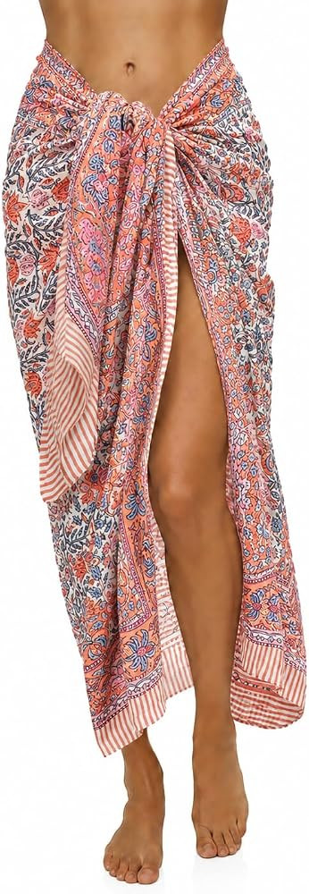 100% Cotton Hand Block Print Pareo Sarong Swimsuit Wrap Skirt Cover Up Long Women\u2019s Apparel ... | Amazon (US)