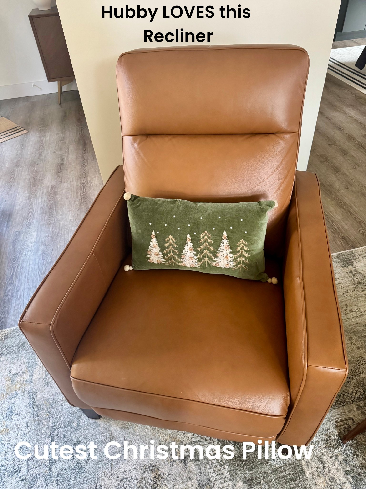Great leather recliner chair and talk about a cute Christmas pillow! 

#LTKFindsUnder50 #LTKHome #LTKHoliday