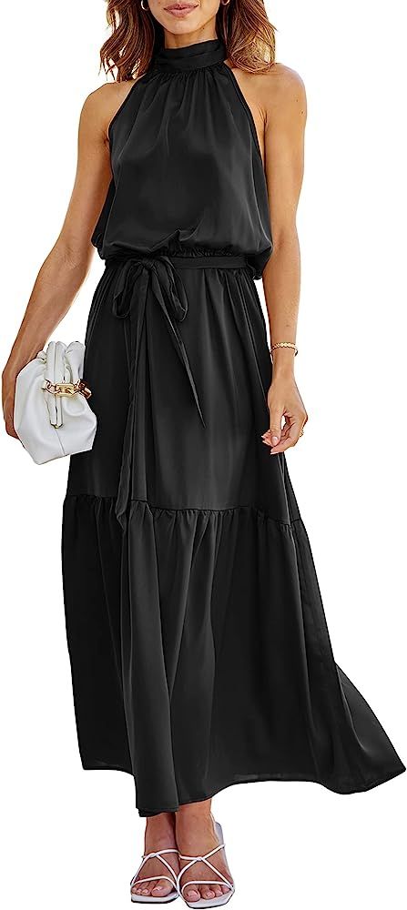 KIRUNDO 2023 Women Summer Sleeveless Halter Satin Maxi Dresses High Waist Elegant Wedding Party C... | Amazon (US)