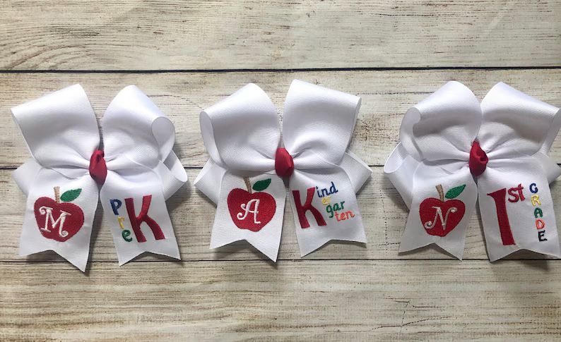 Large Monogrammed Back to School Hair Bow, First Day of Kindergarten, PreK Personalized Apple Hai... | Etsy (US)