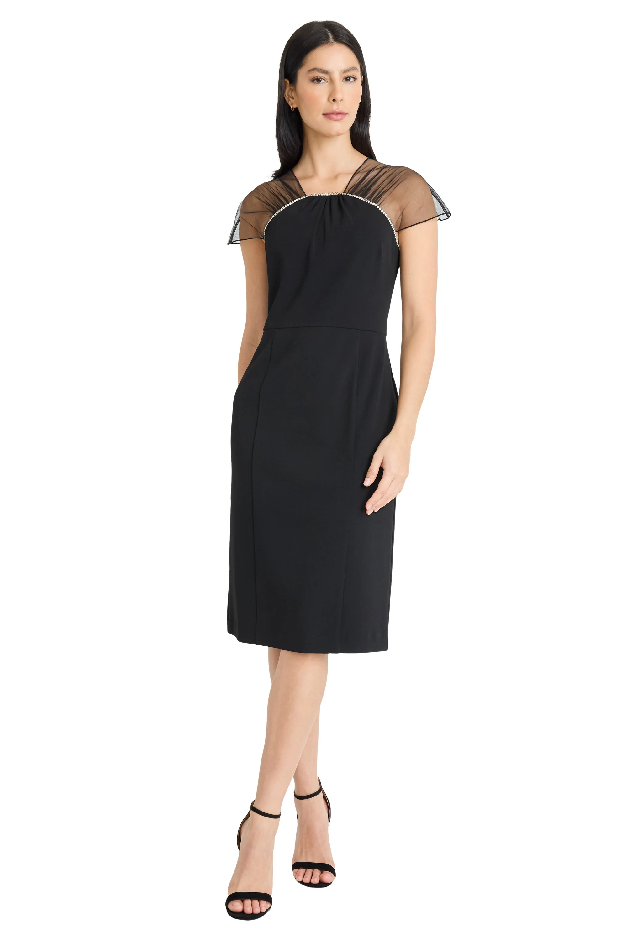 Therese Sheer Rhinestone Neck Sheath Dress Short Sleeve | Maggy London | Maggy London