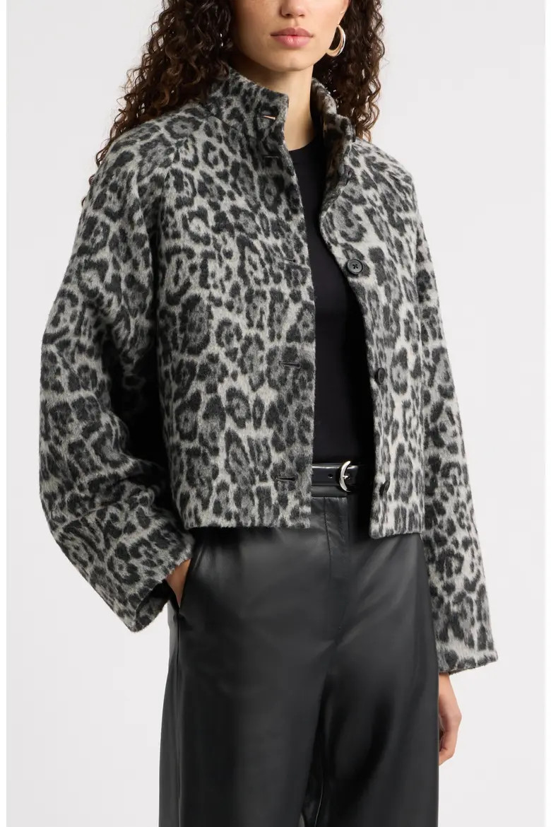 Nordstrom Animal Print Cropped Jacket in Grey- Black Blurred Leopard at Nordstrom, Size Large | Nordstrom