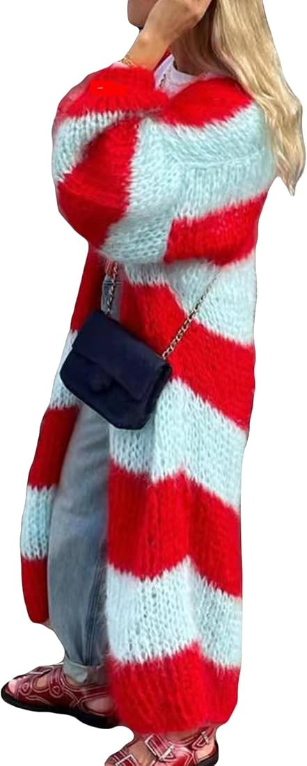 LETSVDO Women's Color Block Long Cardigan Open Front Oversized Striped Knit Slouchy Duster Chunky... | Amazon (US)