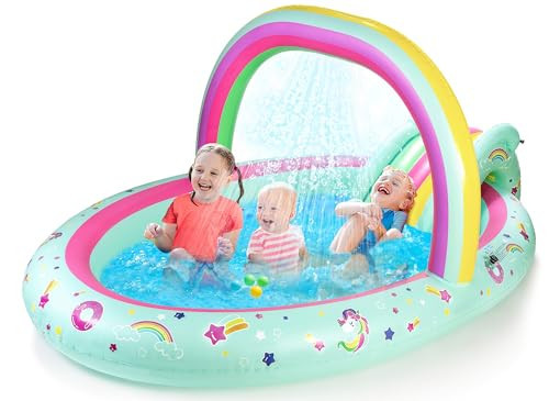 SULIFEEL Rainbow Unicorn Inflatable Play Center Kiddie Pool with Slide and Sprinkler for Children, 96''x59''x39''in Baby Pool for Backyard and Garden | Amazon (US)