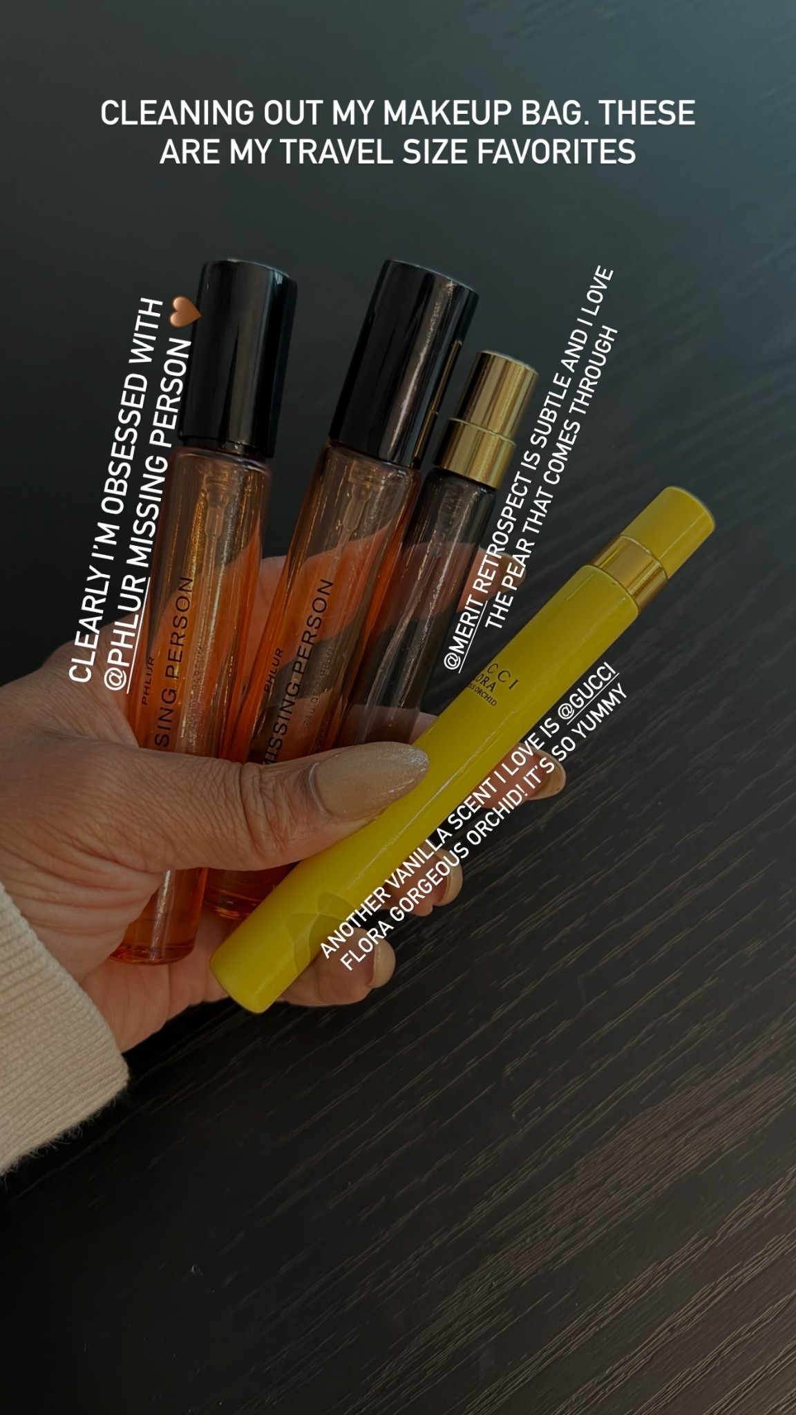 CLEANING OUT MY MAKEUP BAG. THESE ARE MY TRAVEL SIZE FAVORITES  CLEARLY I’M OBSESSED WITH
 @PHLUR MISSING PERSON 🤎 @MERIT RETROSPECT IS SUBTLE AND I LOVE THE PEAR THAT COMES THROUGH  ANOTHER VANILLA SCENT I LOVE IS @GUCCI FLORA GORGEOUS ORCHID! IT’S SO YUMMY

#LTKgrwm #LTKBeauty #LTKTravel