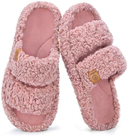 EverFoams Womens Fuzzy Open-toe Slippers Soft Comfy Memory Foam Indoor House Shoes | Amazon (US)