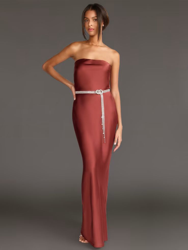 Infinite Strapless Open Back Satin Maxi Dress - Sugarlips | New York & Company