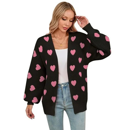 Cardigans for Women Heart Print Valentine's Day Sweaters Loose Casual V Neck Button Down Long Sleeve Open Front Knit Cardigans Alsol Lamesa | Walmart (US)