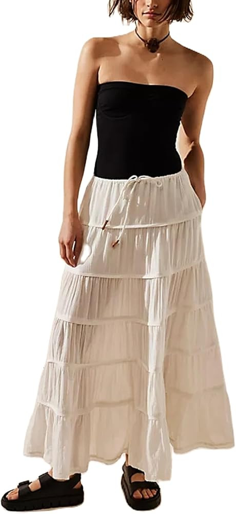 Women Y2k Ruffle Long Skirts Pleated Elastic Waist Maxi Skirt Tiered Midi Swing Skirt Trendy Beac... | Amazon (US)