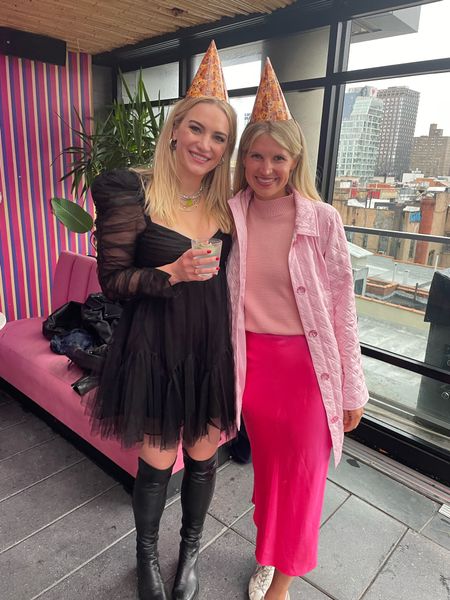 My bestie is engaged!! I wore a pink silk skirt , pink sweater tank and pink quilted jacket - she wore a fabulous black Zimmerman dress and black boots 

Fall outfits , New York outfits , engagement party , birthday party outfit , pink outfit , pink skirt , black cocktail dress , slip skirt , slip skirt outfit 

#LTKtravel #LTKstyletip #LTKSeasonal