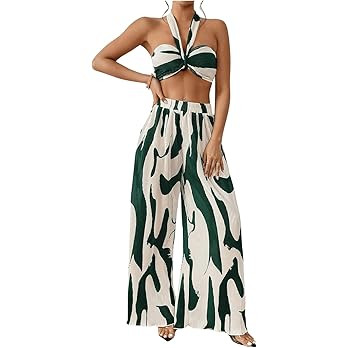 OYOANGLE Women's 2 Piece Vacation Outfits Graphic Print Knitted Crop Halter Top and Wide Leg Pant... | Amazon (US)