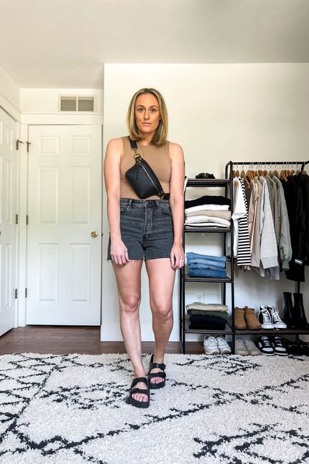 Country concert. Sandals. Nashville outfit. Taylor Swift concert. Travel outfit. Vacation outfit. Summer outfit. Spring outfit. Spring outfits. Casual outfit. Casual outfits. 

Sizing
Bodysuit is a small.
Shorts are a 6 (a size up from my usual size 4/27).
Go up a full size in the sandals.

#LTKunder50 #LTKSeasonal #LTKunder100