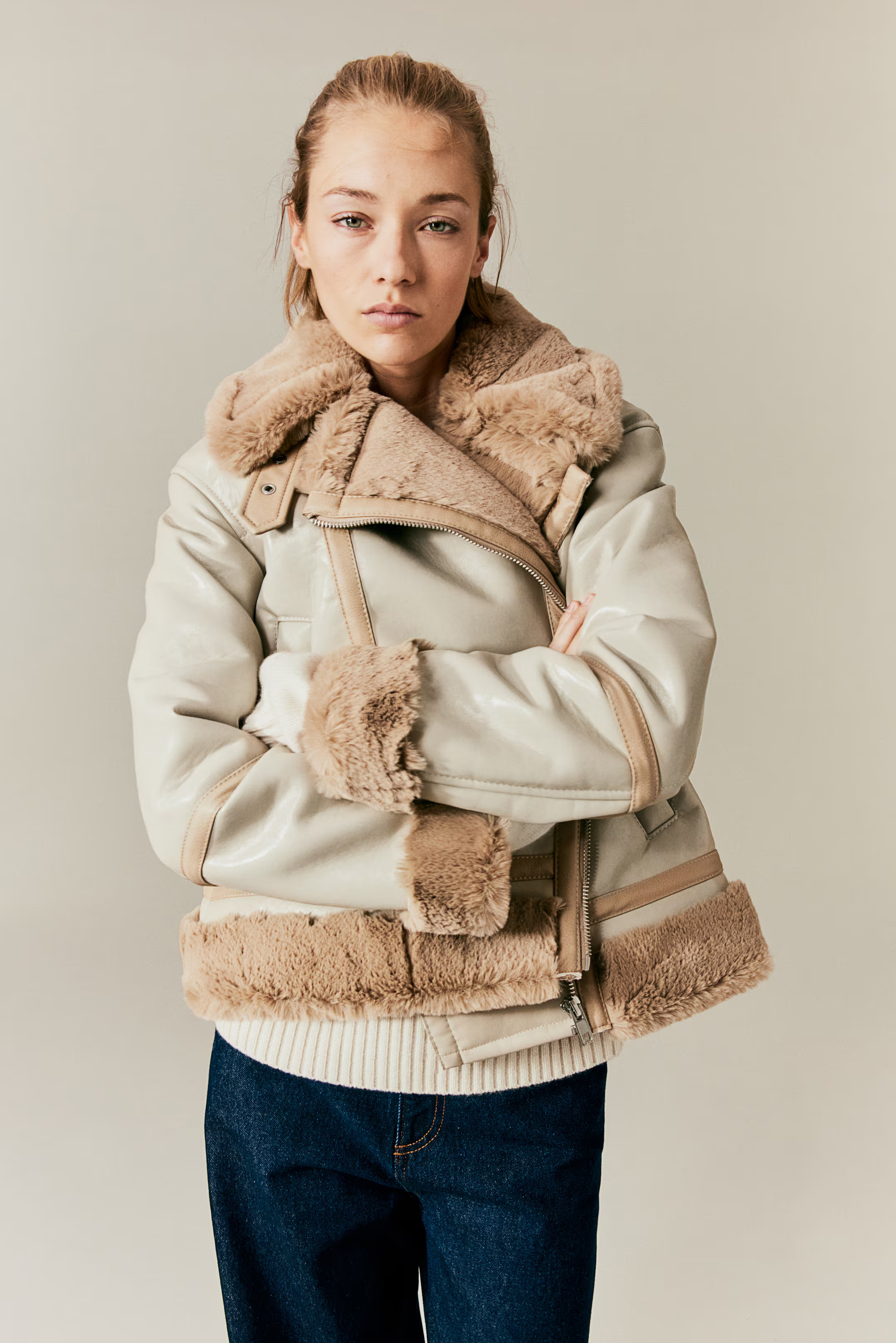Pile-lined Biker Jacket - Light taupe - Ladies | H&M US | H&M (US + CA)