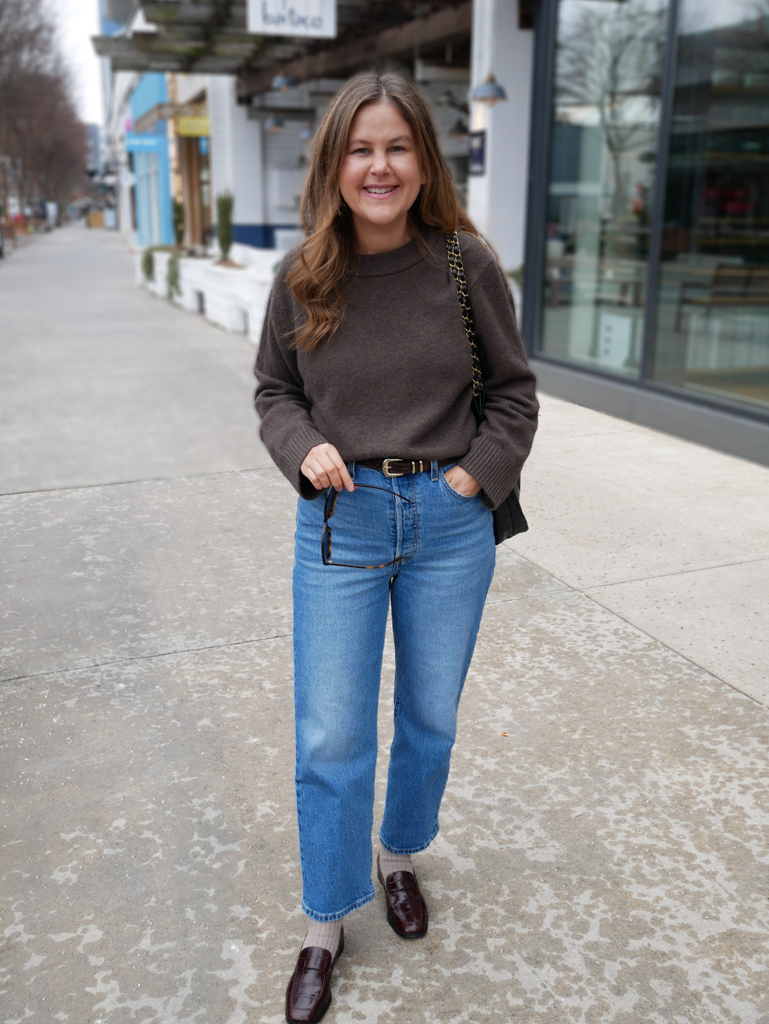 If you're looking for an oversized brown sweater you can wear to work or for casual wear, I love this one. It runs true to size. I love how you can roll up the cuff or leave it down - it looks nice either way because there is ribbing on the sleeve cuffs and around the collar. It also comes in other colors. Linking my exact sock in a different color - a chocolate brown that would actually look better with this outfit! 

 #LTKStyleTip #LTKWorkwear