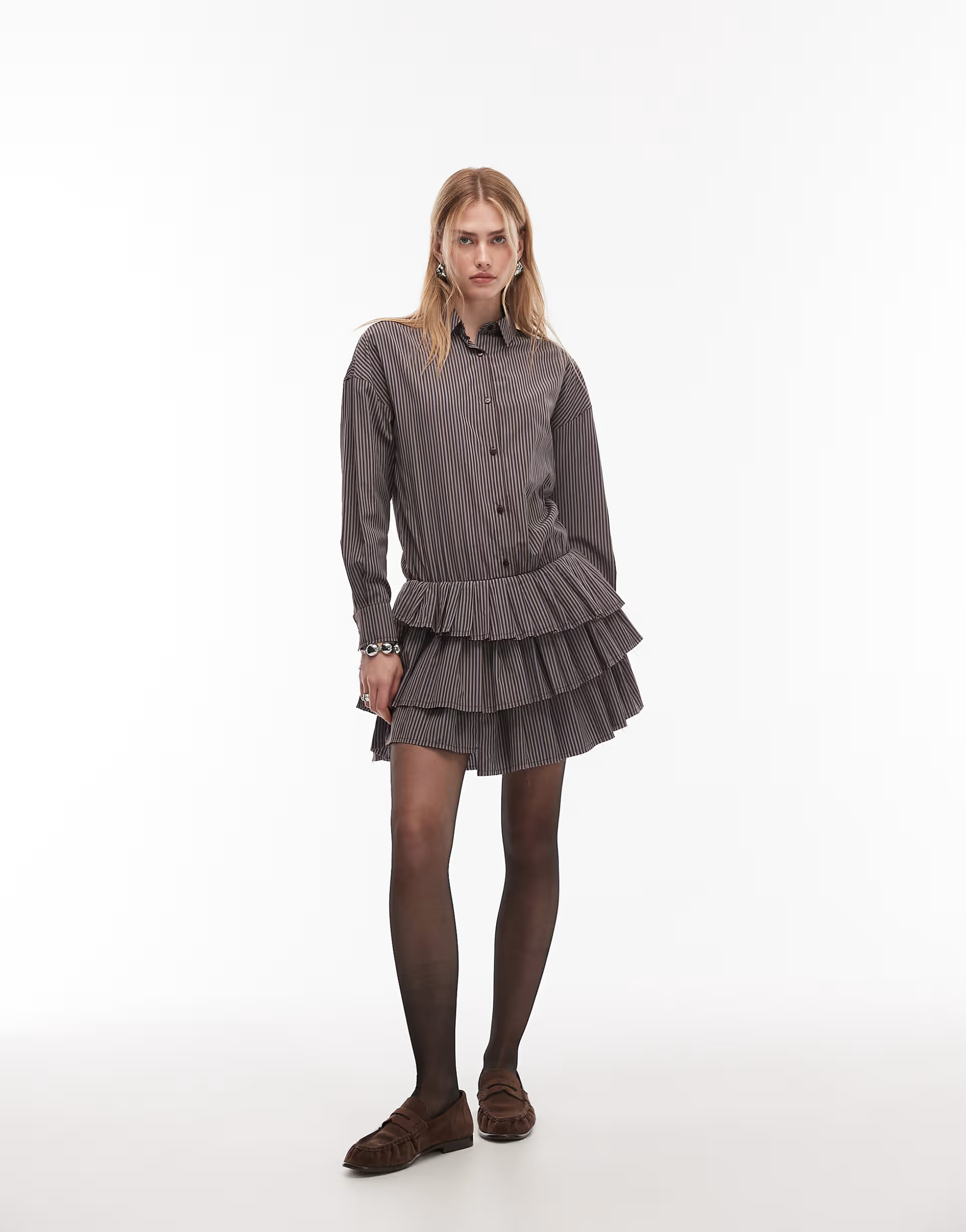 ASOS DESIGN drop waist mini shirt dress with pleated skirt in brown and blue stripe | ASOS | ASOS (Global)