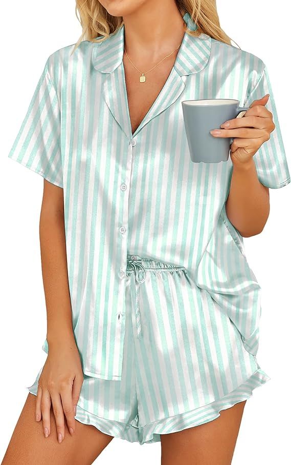 HOTOUCH Womens Satin Pajamas Set Button Down 2 Piece Silk Pjs Shorts Set Ruffle Lingerie Notch Co... | Amazon (US)